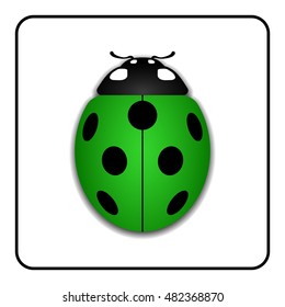 Ladybug small icon. Green lady bug sign, isolated on white background. 3d volume design. Cute colorful ladybird. Insect cartoon beetle. Symbol of nature, spring or summer. Vector illustration