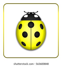 Ladybug small icon. Yellow lady bug sign, isolated on white background. 3d volume design. Cute colorful ladybird. Insect cartoon beetle. Symbol of nature, spring or summer. Vector illustration