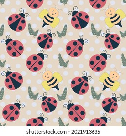 Ladybug spreading and not spreading wings, little bee and leaves in pattern on yellow background, white polka dots.