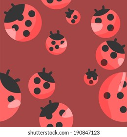 Ladybug spring seamless pattern isolated on dark red background.