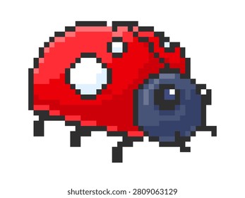 Ladybug sprite with shiny shell, large eye, and blocky shading in retro 8 bit style. Symbol of luck, nature, and nostalgia for arcade era. Cartoon vector illustration.