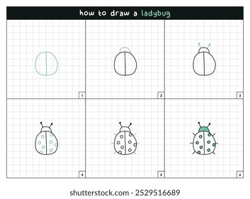 Instruções de desenho de linha de vetor passo a passo da joaninha