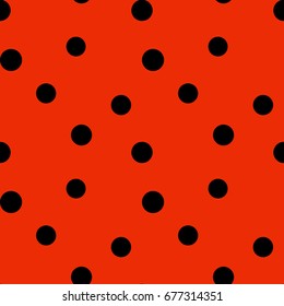Ladybug texture with black dots on red background. Seamless pattern. Vector image.