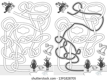 Ladybug trying on wigs made of flowers - maze for kids with a solution in black and white