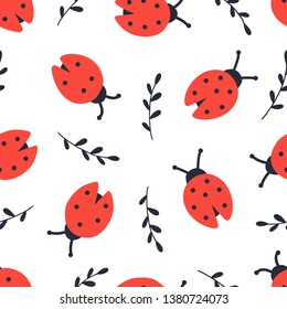 Ladybug and twigs seamless pattern. Hand drawing doodle print isolated on white background