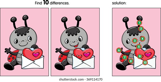 Ladybug with valentine. Find ten differences. Cartoon Vector Illustration.

