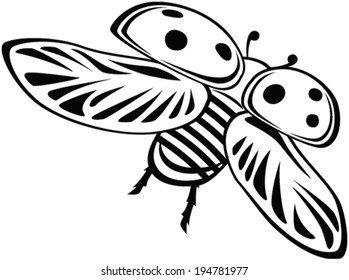 Ladybug, vector cartoon illustration, black and white style
