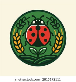 Ladybug vector emblem featuring wheat stalks and green leaves inside a circular frame for agriculture and nature concepts.