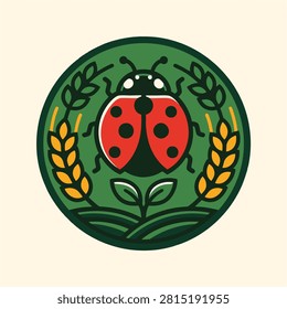 Ladybug vector illustration badge featuring a red beetle surrounded by golden wheat and green leaves in a circular frame.