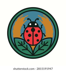 Ladybug vector illustration featuring wheat and green leaves in a circular emblem isolated on white.