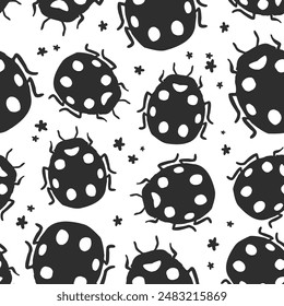 Ladybug Vector illustration. Seamless pattern of flying insects. In the form of spots, monochrome, flat style. For packaging design, textiles, wallpaper