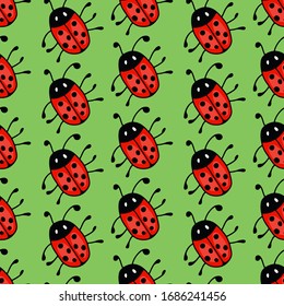 Ladybug vector seamless pattern on green background. Design for gift wrap, cover, fabric, cards, wallpapers, backdrops, panels. 