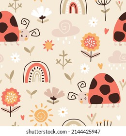 Ladybug vector seamless pattern with rainbow. Trendy summer childish background with cute hand drawn character in scandinavian style, pastel colors. Ideal for baby clothes, textiles, packaging.