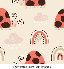 Ladybug vector seamless pattern with rainbow. Trendy summer childish background with cute hand drawn character in scandinavian style, pastel colors. Ideal for baby clothes, textiles, packaging.