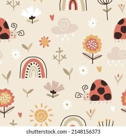 Ladybug vector seamless pattern with rainbow. Trendy summer childish background with cute hand drawn character in scandinavian style, pastel colors. Ideal for baby clothes, textiles, packaging.