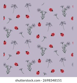 Ladybug and Wildflower Seamless Pattern Vector - Cute Bug and Floral Repeat Print