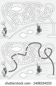 Ladybug zipline - maze for kids with a solution in black and white