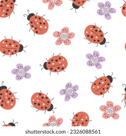 Ladybugs entre las flores. Patrón veraniego. Patrón sin soldadura, ilustración vectorial