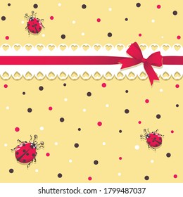 Ladybugs background. Lace ribbon. Vector baby background. Cartoon ladybug character for childrens textile gift wrapping. Vector illustration