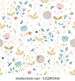 Ladybugs, butterflies, dragonflies on a flower meadow. Seamless pattern with stylized nature.