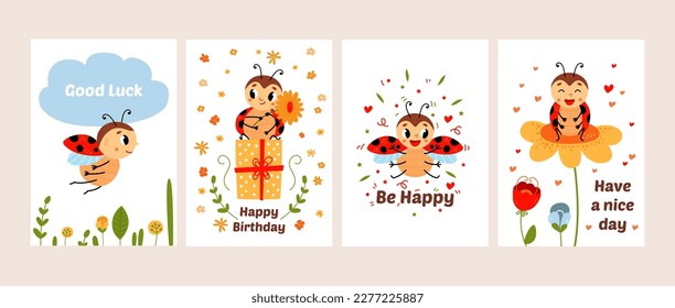 Ladybugs cards, ladybug print posters. Cute funny bug flying, sitting on flower. Summer baby characters, pretty cartoon insects. Kids classy vector set