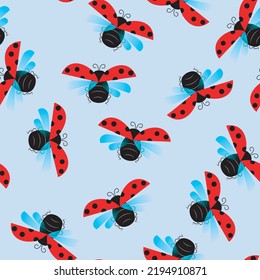 Ladybugs colorful seamless background on blue stock vector illustration for web, for print, for coloring page 