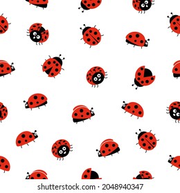 Ladybugs cute characters seamless pattern. Ladybirds insects flying with open wings and big eyes. Vector isolated on white