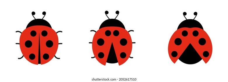 Ladybugs cute characters set. Ladybirds insects flying with open wings. Vector isolated on white