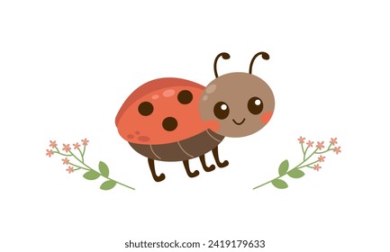 Ladybugs cute characters set. Ladybirds insects flying with open wings and big eyes. Vector isolated on white