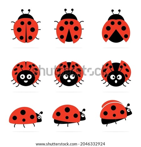 Ladybugs cute characters set. Ladybirds insects flying with open wings and big eyes. Vector isolated on white