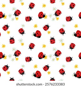 Ladybugs with daisies seamless pattern. For spring-themed textiles, wallpapers, or stationery design