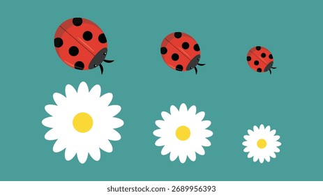 Joaninhas e margaridas. Ilustração vetorial em estilo plano.