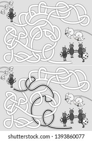 Ladybugs dancing in circle - maze for kids with a solution in black and white