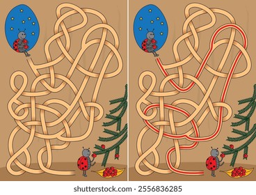 Ladybugs decorating Christmas tree maze for kids with a solution