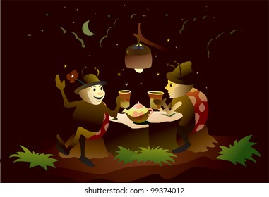 Ladybugs drink tea on the lawn at night