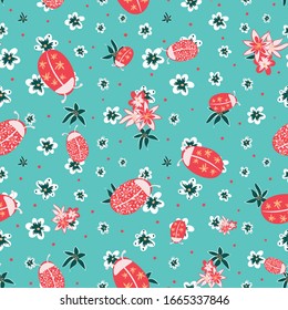 ladybugs in flower garden seamless vector pattern