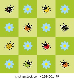 Ladybugs and flowers, checkered green background, wallpaper, vector illustration