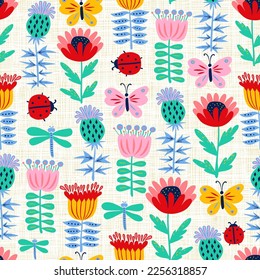 Ladybugs and flowers in a colorful garden, vector seamless pattern