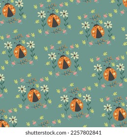 Ladybugs and flowers delicate vector pattern for decoration, packaging, textile. Flat design, hand drawn cartoon.