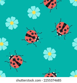 Ladybugs and flowers on blue background. Vector seamless spring pattern. Cartoon flower illustration.
