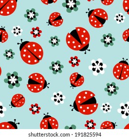 ladybugs with flowers on light blue seamless pattern