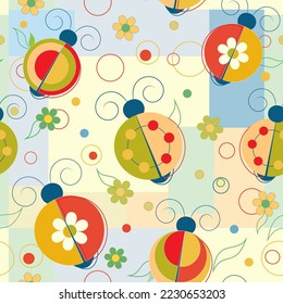 Ladybugs and flowers repeat seamless pattern 