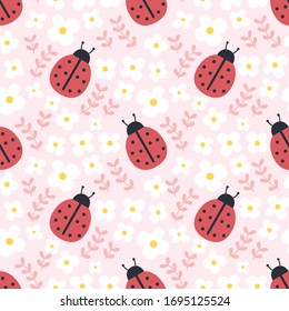 Ladybugs and flowers seamless background repeating pattern, wallpaper background, cute seamless pattern background