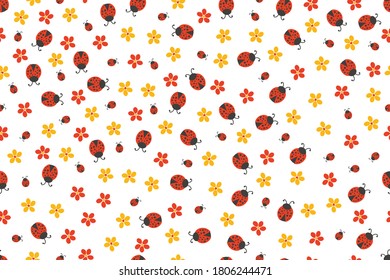 Ladybugs and flowers seamless vector pattern
