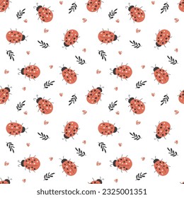 Ladybugs and flowers. Simple pattern. Seamless pattern, vector illustration