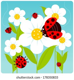 Ladybugs and flowers. Vector illustration