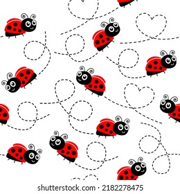 Ladybugs flying on dotted route. Cute ladybug set seamless pattern. Cartoon ladybirds with open wings. Vector isolated on white background.