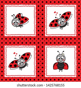 Ladybugs flying pattern with dots on red background