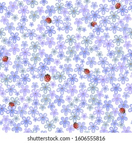 ladybugs and forget-me-not flowers, seamless vector illustration