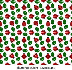 Ladybugs with green leaves. Cute beetles in nature pattern background.